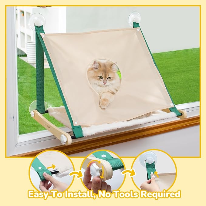 CATISM Cat Window Perch Foldable - Cats Hammock for Window, 2 in 1 Cat Window Hammock Bed for Indoor Cats, Cat Perch with Sturdy Screw Suction Cups for Kittens (Green)-Mewly Pet