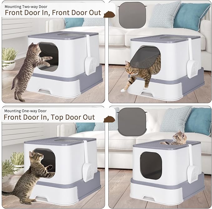 RIZZARI Large Enclosed Cat Litter Box : Covered Leak-Proof Reduces Odor - for Indoor Use Cat Owners (Light Gray)-Mewly Pet