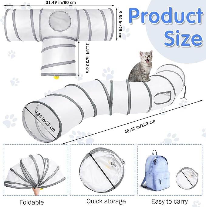 Wettarn 22 Pieces Cat Toys Set, with 2 Collapsible Tunnels for Indoor Cats and 20 Kitten Toys Tubes and Tunnels Interactive Feather Mouse Crinkle Balls for Pets Puppies(White)-Mewly Pet