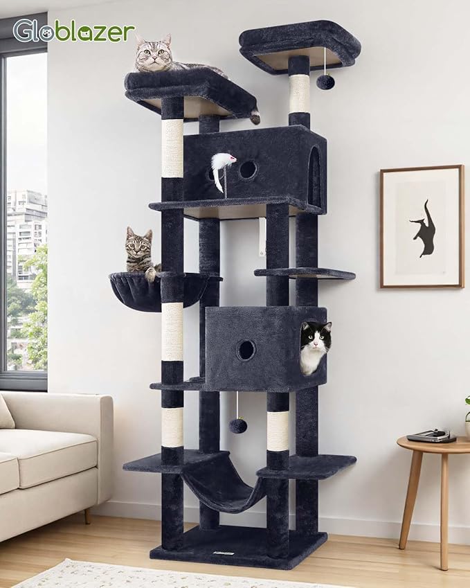 Globlazer Large Cat Tree Tower Condo, 80in Tall Cat Tree for Multiple Indoor Cats Large Adult, XXL Big Cat Climbing Tower with Cat Caves, Sisal Scratching Posts, Top Perches, Hammock, S80B, Dark Gray-Mewly Pet