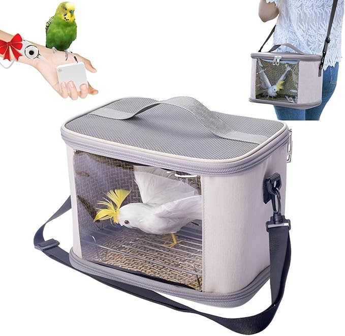 Bird Travel Carrierm, Small Bird Travel Backpack Carrier Cage with Tray and Breathable Clear Window, for Parakeet Cockatiel Budgies, for Camping Hiking (Beige)-Mewly Pet