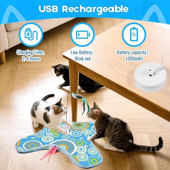 VIWIK Hide and Seek Toys for Indoor Adult Cats with Suction Cup & Cover, Interactive Automatic Moving Concealed Feather Kitten Wand Bird Toy, Cat Enrichment Toys for All Breeds Blue-Mewly Pet