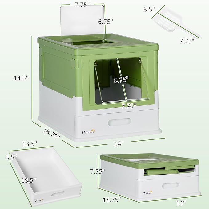 PawHut Fully Enclosed Cat Litter Box with Scoop, Hooded Cat Litter House with Drawer Type Tray, Foldable Smell Proof Potty with Front Entry, Top Exit, Large Space, Yellowish Green-Mewly Pet