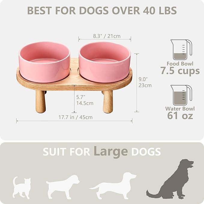Ceramic Elevated Dog Bowls, Pet Food and Water Bowl Set for Large Dogs, 7.5 Cups Dog Bowls Raised with Wood Stand, 61OZ, Pink-Mewly Pet