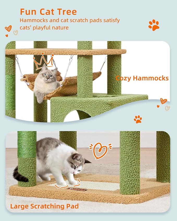 Taoqimiao Cat Tree, 68-Inch Cat Tree Cat Tower for Indoor Cats, Plush Multi-Level Cat Condo with 6 Scratching Posts, 2 Perches, 2 Caves,Hammock, 3 Pompoms,MS020ST Cactus-Mewly Pet