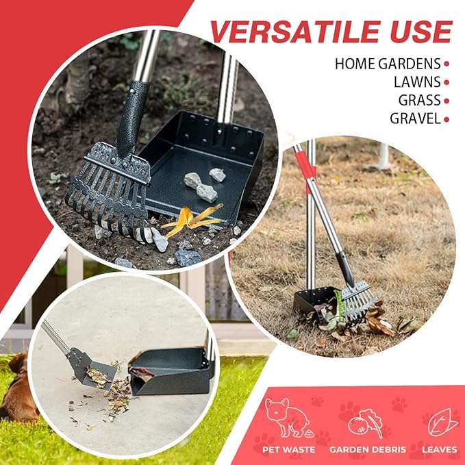 Pooper Scooper, Long Handle Dog Pooper Scooper, Heavy Duty Stainless Steel Rake with Tray & Spade Set for Pet Waste Removal, for Grass, Dirt or Gravel-Mewly Pet