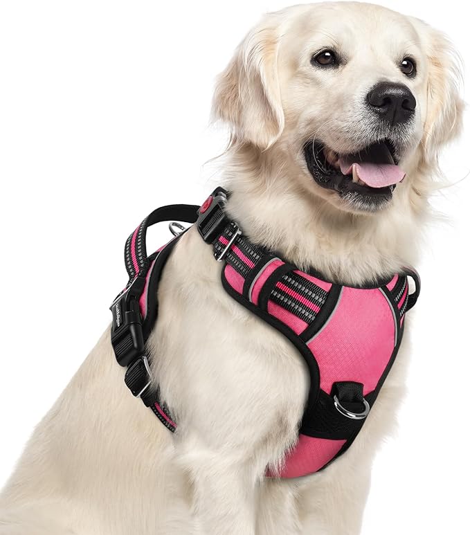 rabbitgoo Dog Harness for Large Dogs, No Pull Pet Vest with 3 Buckles, Adjustable Soft Padded Pet Harness with Easy Control Handle and Reflective Strips, Pink, XL-Mewly Pet