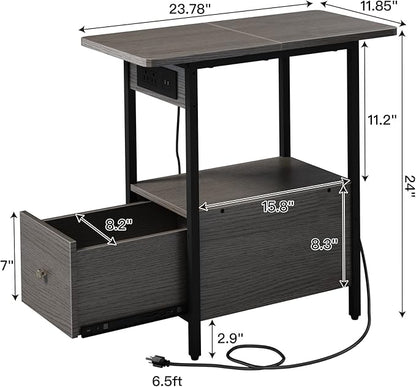LIDYUK End Table with Charging Station, Narrow Side Table with Drawer and USB Ports & Power Outlets, Nightstand Bedside Tables for Small Spaces, Bedroom, Living Room, Dark Grey
