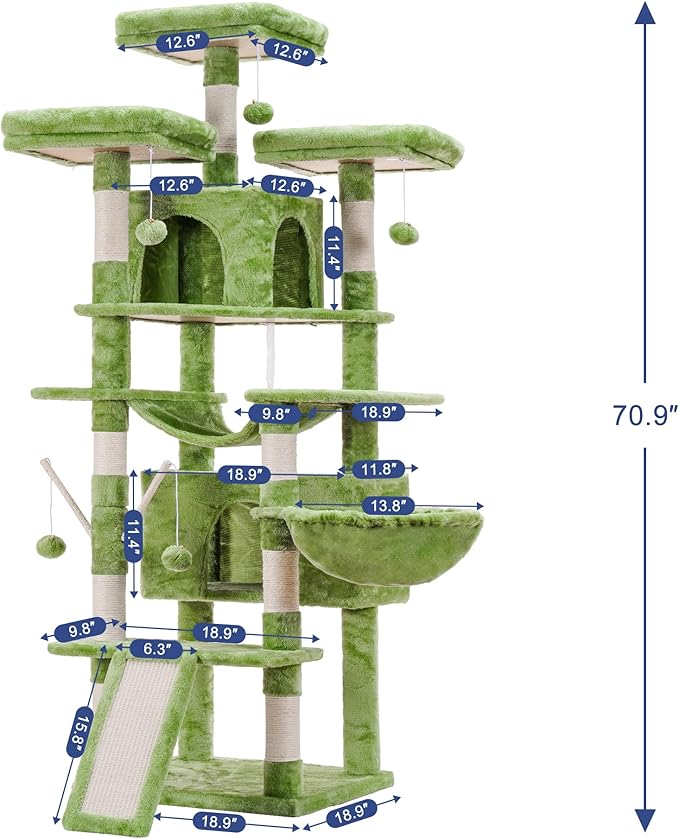 Hey-brother Cat Tree, 71 inches XL Large Cat Tower for Indoor Cats, Multi-Level Cat House with 3 Padded Perches, Big Scratcher, Cozy Basket, 2 Cat Condos and Scratching Posts, Green MPJ034GR-Mewly Pet