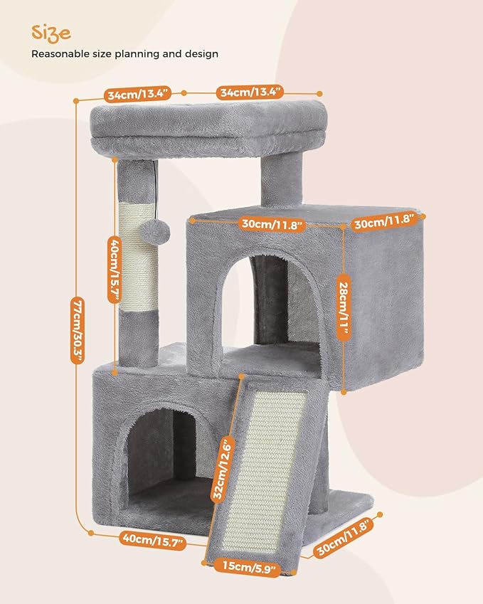 PAWZ Road Cat Tree, 30 Inches Cat Tower with Dual Condos for Indoor Cats, Plush Cat House with Padded Perch, Scratching Ramp and Posts and Replaceable Balls-Gray-Mewly Pet