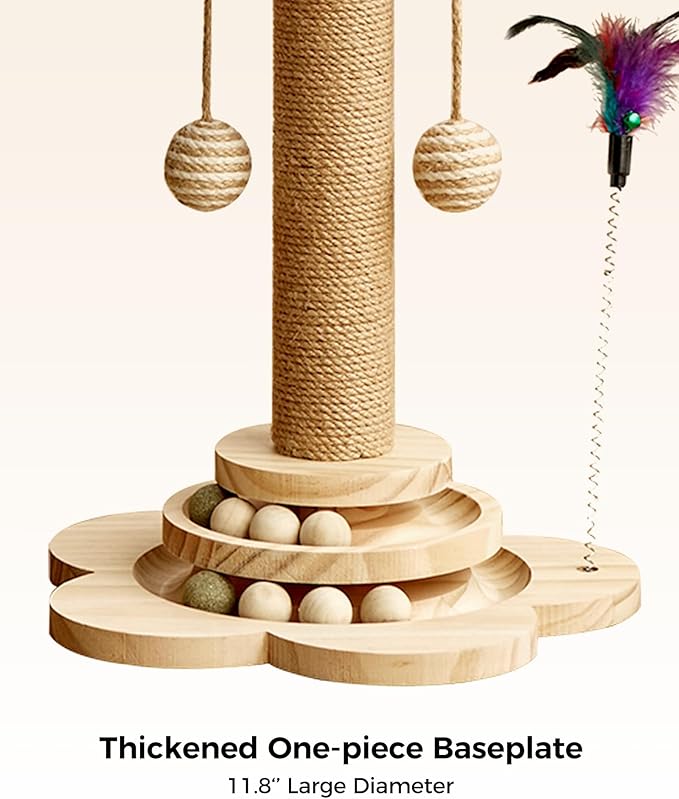 Cat Scratching Post, 4 in 1 Wooden Cat Scratcher Toy, 17.7" Tall Scratch Post with 2 Level Cat Track Balls, Interactive Feather Toy and 2 Sisal Hanging Balls for Indoor Kittens, Adult Cats-Mewly Pet
