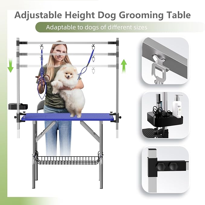 VFK 36''/47''Large Dog Grooming Table, Foldable Pet Station at Home, Dog Grooming Table,Adjustable Cat Drying Desktop with Arms, Nooses, Mesh Tray (Stainless Steel pet Table, 36" Blue)-Mewly Pet