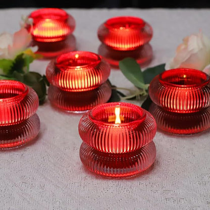 Woho Ribbed Glass Votive Candle Holders Set of 6, Red Tealight Candle Holder for Wedding Table Decor, Vintage Tea Lights Candle Holder for Christmas/Valentines Day Decorations (Red, 2.1" H X 2.75" D)