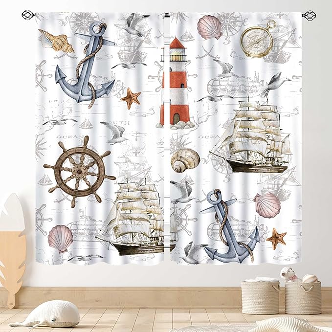 Nautical Kitchen Curtains, Vintage Marine Coastal Sailboat Compass Anchor Ocean Beach Lighthouse Watercolor Decorative Drapes for Bedroom Living Room Kitchen Bathroom Window 2 Panels Set, 63"x63" Inch