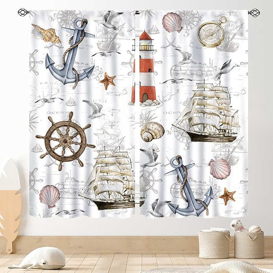 Nautical Kitchen Curtains, Vintage Marine Coastal Sailboat Compass Anchor Ocean Beach Lighthouse Watercolor Decorative Drapes for Bedroom Living Room Kitchen Bathroom Window 2 Panels Set, 63"x63" Inch