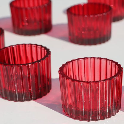VOHO 24pcs Red Tealight Candle Holder for Christmas Decorations, Vintage Ribbed Votive Candle Holders Gifts for Women Friends, Small Tea Light Candle Holder Glass Wedding Centerpieces for Tables