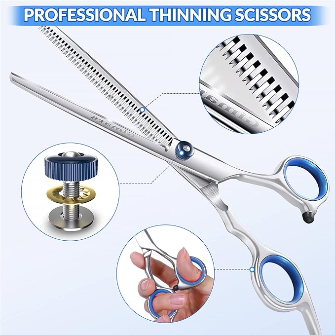 Gimars Professional 5 in 1 Grooming Scissors for Dogs 4CR with Safety Round Tip, Heavy Duty Titanium Coated Straight & Thinning & Curved Shears-Mewly Pet