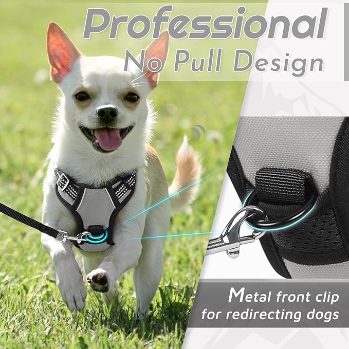 Eagloo Small Dog Harness No Pull, Service Vest with Reflective Strips and Control Handle, Adjustable and Comfortable for Walking, No Choke Pet Harness with 2 Metal Rings, Grey, XS-Mewly Pet