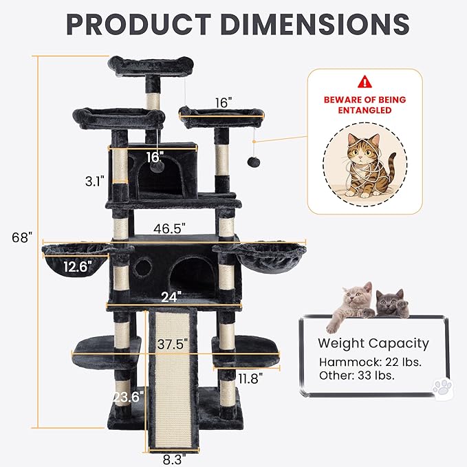 SHA CERLIN 68 Inches Multi-Level Large Cat Tree for Large Kitties/Big Cat Tower with Condo/Cozy Plush ‌Pussycat Perches/Sisal Scratching Posts and Hammocks/Activity Center/Dark Grey-Mewly Pet