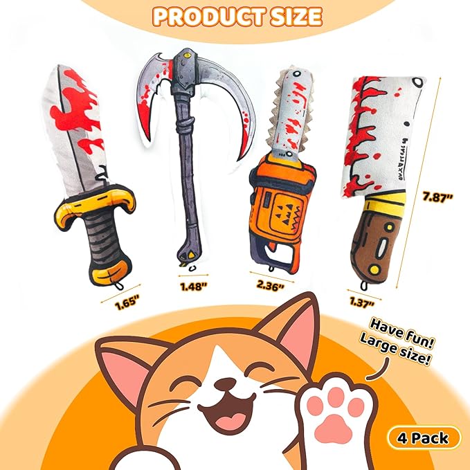 Cat Toys [8000mg Premium Catnip] Cartoon Colorful Style Horror Funny Knife Catnip Cat Toys Durable Rattle Sound Toy for All Cat Breeds Indoor Interactive Kitten Toys Get Bored Cats Active 4 PCS-Mewly Pet