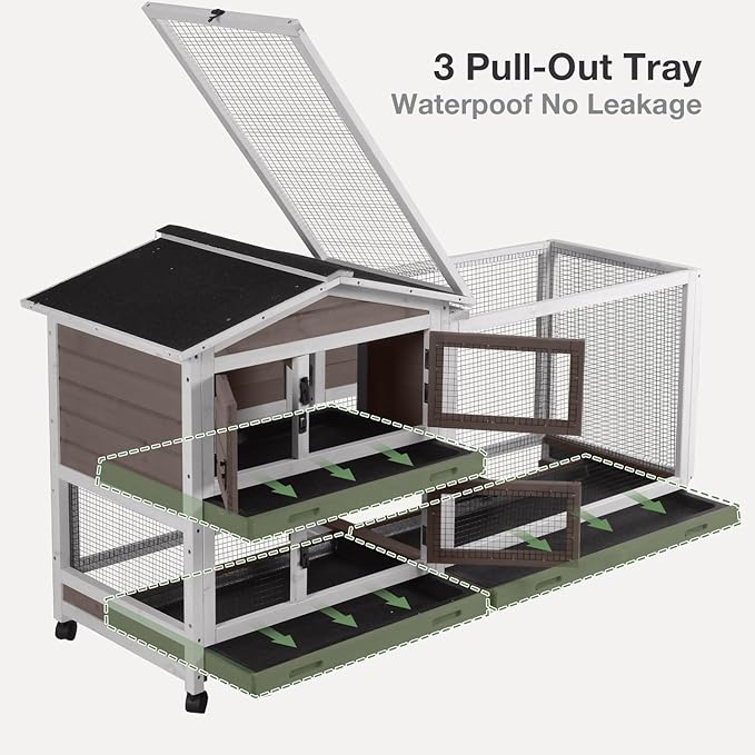 2-Story Indoor Rabbit Hutch with Chew-Proof Outdoor Rabbit Cage with 6 Locking Casters Bunny Cage 2 Pull-Out Trays Guinea Pigs Cage 62" Brown-Mewly Pet