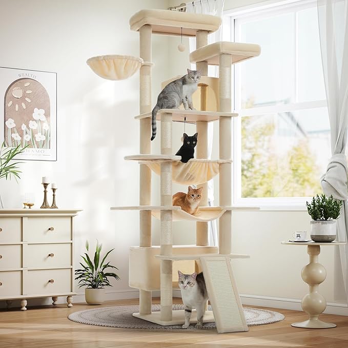 Large Cat Tree for Big Cats & Multi-Cat Homes, 81 Inch Tall Cat Tower with Sturdy Metal Hammock, 6 Sisal Scratching Posts, 2 Cozy Condos, 2 Top Perches - Multi-Level Cat Tower, Beige-Mewly Pet