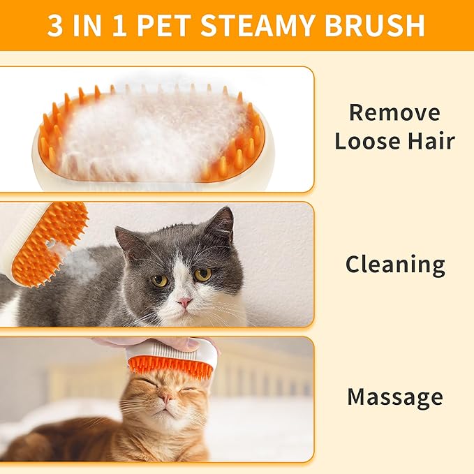 Cat Steam Brush - 3 in 1 Spray Pet Comb for Shedding, USB Rechargeable Pet Hair Removal, for Cats, Cat Grooming Brush, for Kittens and Puppies, Massage and Remove Loose Hair-Mewly Pet