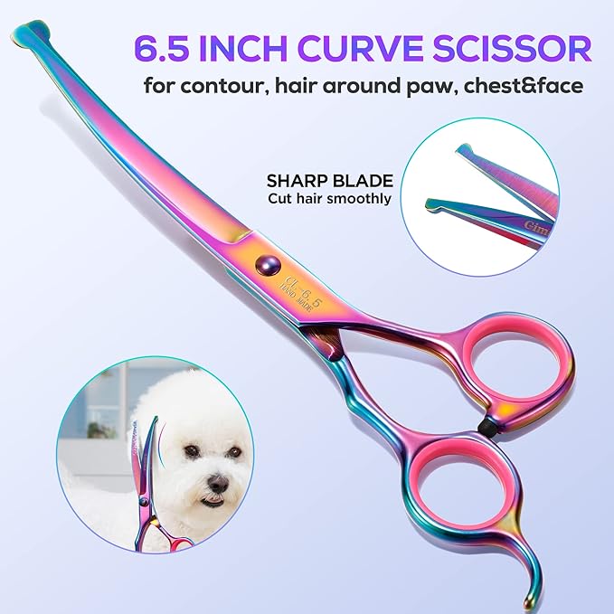 Gimars Professional 4CR Stainless Steel 6 in 1 Grooming Scissors for Dogs with Safety Round Tip, Heavy Duty Titanium Coated Pet Grooming Scissor for Dogs, Cats and Other Animals-Mewly Pet