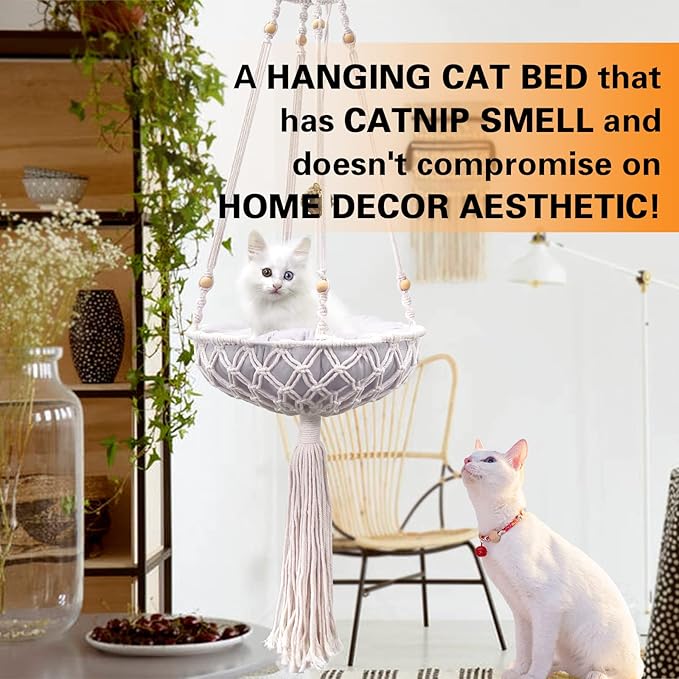 Macrame Hammock, Handwoven Boho Cat Swing with Hanging Kit for Indoor Outdoor Home Decor Hang on Wall Bed for Sleeping, Playing, Climbing and Lounging-Mewly Pet