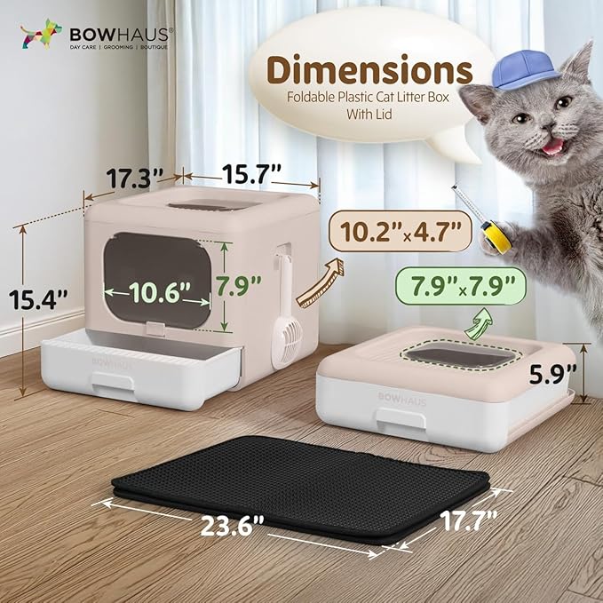 Foldable Cat Litter Box w/Lid, Scoop & Mat, Drawer Design Cat Toilet for Kitten, Two-Way Entry Kitty Litter Box, Odor Control & Easy to Clean, Beige/Pink-Mewly Pet