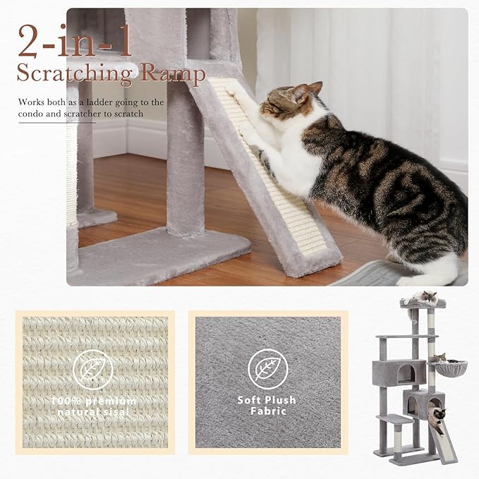 PAWZ Road Cat Tree, 60 Inches Cat Tower with Dual Condos, Spacious Perch, Cozy Basket and Sisal-Covered Scratching Posts for Indoor Cats- Gray-Mewly Pet