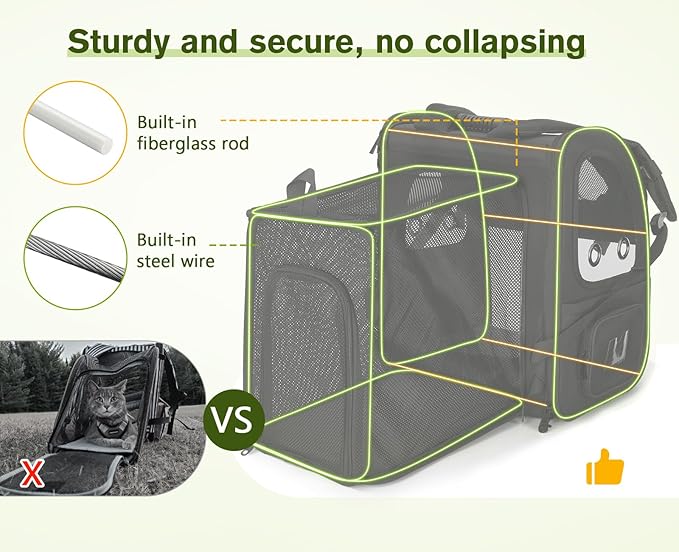 Pecute Pet Carrier Backpack, Large Cat Carrier Backpack, Expandable cat Backpack with Breathable Mesh for Medium Dogs Cats, or 2 Small Pets, Dog Backpack Carrier for Travel Hiking, Black-Mewly Pet