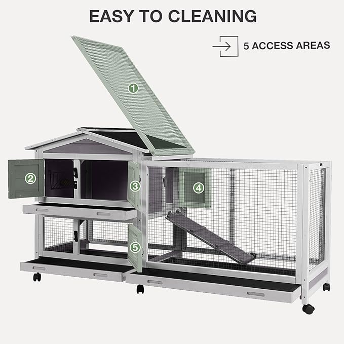 2-Story Indoor Rabbit Hutch with Chew-Proof Outdoor Rabbit Cage with 6 Locking Casters Bunny Cage 2 Pull-Out Trays Guinea Pigs Cage 62"-Mewly Pet