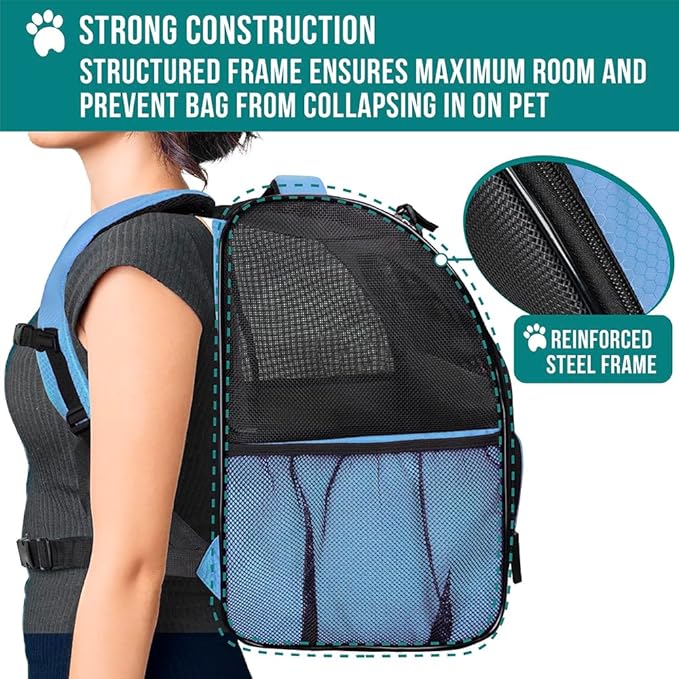 PetAmi Dog Backpack Carrier for Small Large Cat, Pet, Puppy, Ventilated Pet Hiking Backpack Travel Bag, Airline Approved Cat Backpack Carrier, Camping Biking Dog Bag Up to 18lbs Pet, Light Blue-Mewly Pet