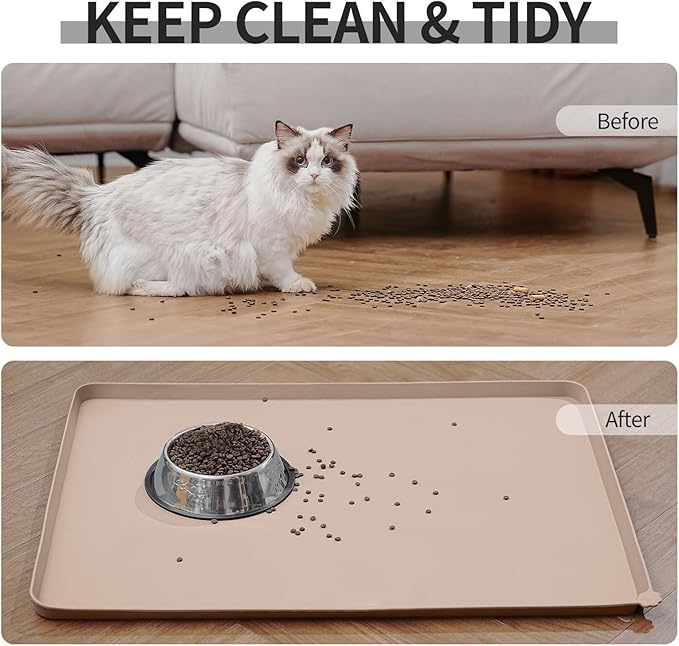 Waterproof Pet Feeding Mat with High Raised Edges, Heavier and Thicker Placemats for Cat Dog Water Bowl with BPA Free, Dogs Cats Food Mats for Messy Drinkers to Prevent Spill and Protect Floors-Mewly Pet