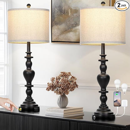 27" Vintage Table Lamps for Living Room Set of 2, Farmhouse Rustic Nightstand Lamps with USB C+A Ports, 3-Way Dimmable Bedside Lamp for Bedrooms Office Dorm, 2 LED Bulbs Included Washed Antique Black