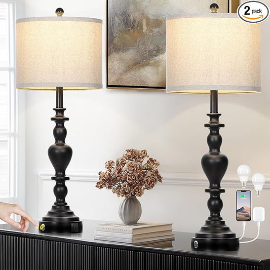 27" Vintage Table Lamps for Living Room Set of 2, Farmhouse Rustic Nightstand Lamps with USB C+A Ports, 3-Way Dimmable Bedside Lamp for Bedrooms Office Dorm, 2 LED Bulbs Included Washed Antique Black