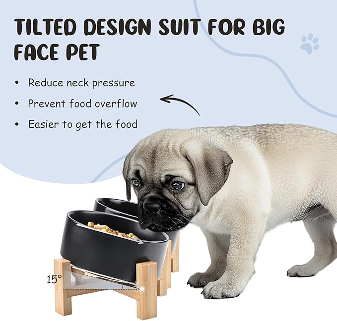 SPUNKYJUNKY 15° Slanted Ceramic Dog and Cat Bowl with Wooden Stand, Tilted Bulldog Food and Water Bowl No Slip Non-Spill for Cats Medium Dogs Big Face Pets 13.5 OZ (1.7 Cups, Black × 2)-Mewly Pet