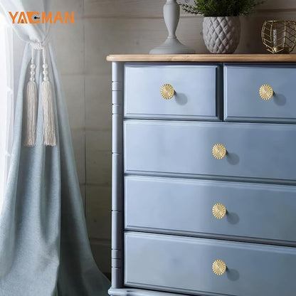 Brushed Gold Cabinet Knobs 6 Pack Round Sunflower Dresser Knob Drawer Hardware Furniture Cupboard Handles for Bathroom Kitchen SH-BG-K6