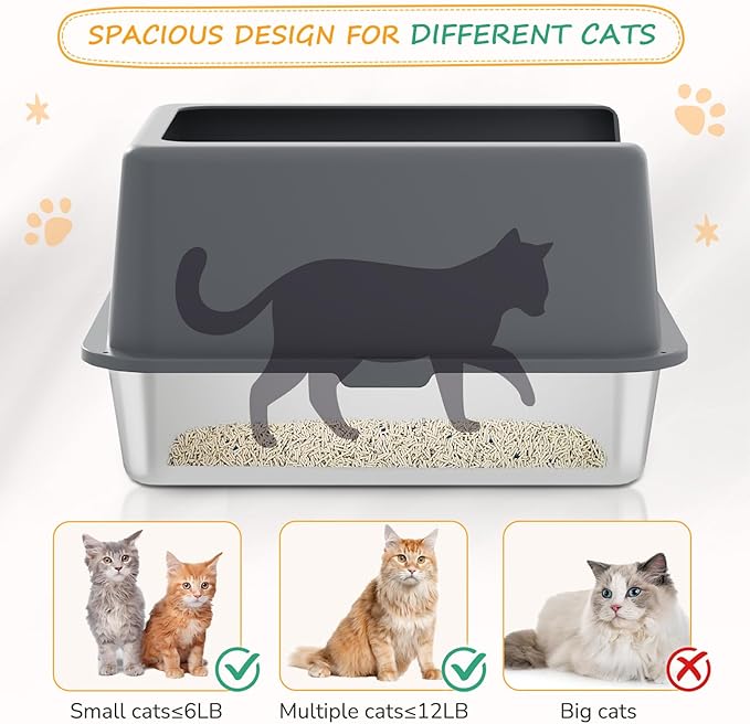 Stainless Steel cat Litter Box, Covered Metal Litter Box, cat Litter Pans with high Sides, Kitty Litter Boxes for Indoor Cats (Non Sticky, Easy to Clean, Anti-Urine Leakage) 17.5" L x 13.5" W x 6" H-Mewly Pet