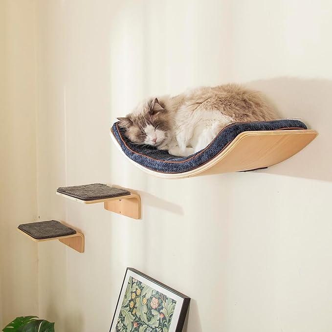 Cat Wall Shelf with Two Steps - Curved Cat Shelves and Perches for Wall (Large Size) - Wall Mounted Cats Furniture for Sleeping, Playing, Climbing, and Lounging-Mewly Pet