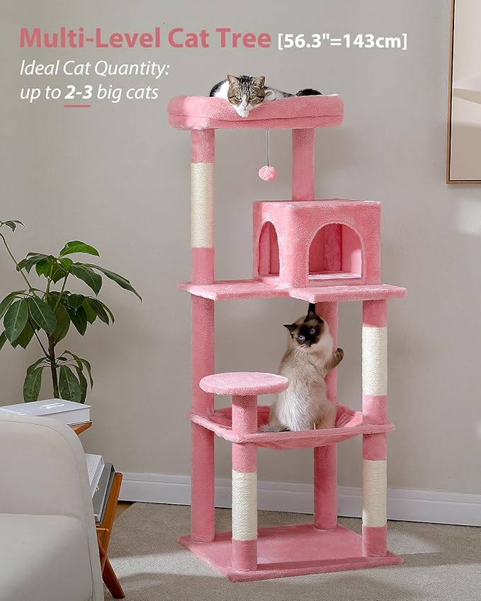 Cat Tree for Large Cats with Metal Plush Big Hammock, 56.3" Cat Tower for Indoor Cats with 2 Door Condo House, 6-Tier Cat Shelves with Scratching Posts and Large Top Perch, Pink-Mewly Pet