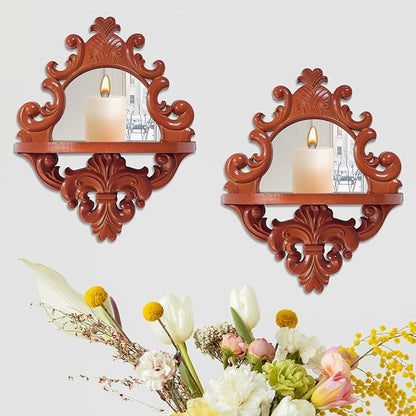 Three-Dimensional Relief Candle Sconces Set 2 Rustic Wall Mount Candle Holders Wood Hanging Wall Decor Mirrored Wall Art Hand Carved Home Decoration Brown