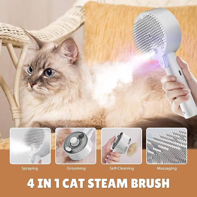 Cat Steam Brush,Cat Brushes for Indoor Cats, 4 In 1Spritz Spray Defur Comb, Cloud Care Shedding Control, Pet Grooming Brush for Long Short Hair Cats Dogs, Massage Clean Design Pet Steam Brushes-Mewly Pet
