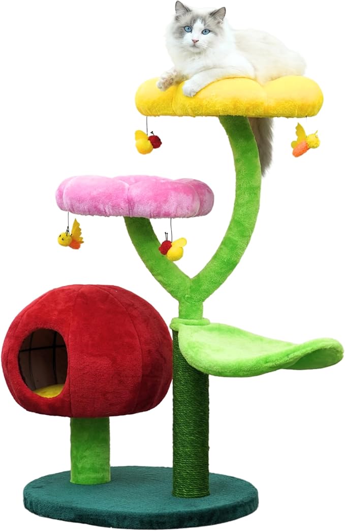 Catry 5-Level 40" Colorful Garden Style Cat Tree with Flower Perches, Leaf Hammock, Fruit Condo, Natural Sisal Scratching Post, Bee Toys, Parts Replaceable-Mewly Pet