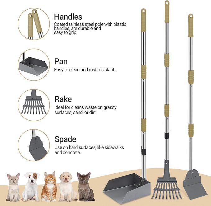 Heeyoo Dog Pooper Scooper, Dog Poop Tray and Rake Set, Pet Waste Removal Scoop with Long Adjustable Sectional Stainless Handles-Mewly Pet