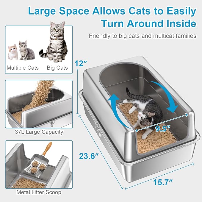 12'' High Sides XL All Stainless Steel Cat Litter Box with Lid,Deep Metal Litter Box for Big Cats,Extra Large Litter Boxes with High Wall Enclosure,Anti-Leakage,Never Absorbs Odors,Non-Sticky Surface-Mewly Pet