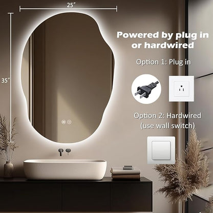 LED Mirror for Bathroom 25x35, Stepless Dimmable Irregular Backlit Mirror with 3 Colors, Anti-Fog, Memory, Al-Alloy Lampshade, Frameless Vanity Mirror for Bathroom (Horizontal/Vertical)