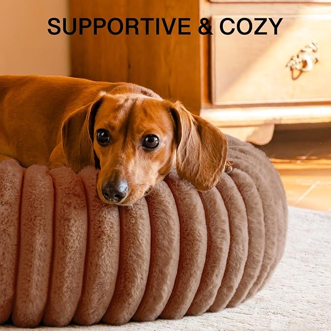 MEWOOFUN Donut Dog Beds for Small Dog, Calming Bed Round Cute Puppy Bed with Non-Slip Bottom, Fluffy Washable Pet Bed for Puppy and Kitten (Dark Brown, S (25x25x7))-Mewly Pet