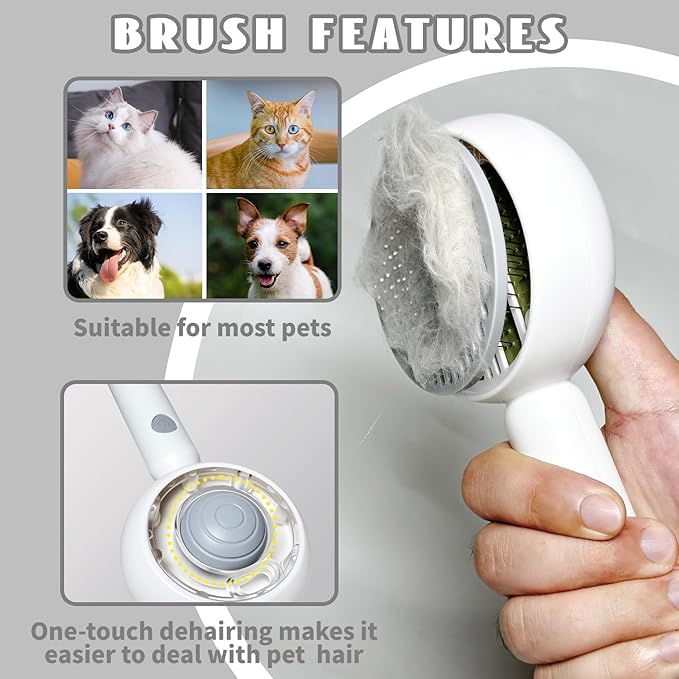 3-in-1 Steam Brush for Cats & Dogs – Hair Removal Comb with One-Click Release & Water Spray – Grooming Brush for Shedding, Long/Short Hair (white brushs-grey)-Mewly Pet